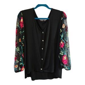 KIM & CAMI SIZE LARGE BLACK BUTTON UP TOP SHEER SLEEVES FLORAL EMBROIDERY